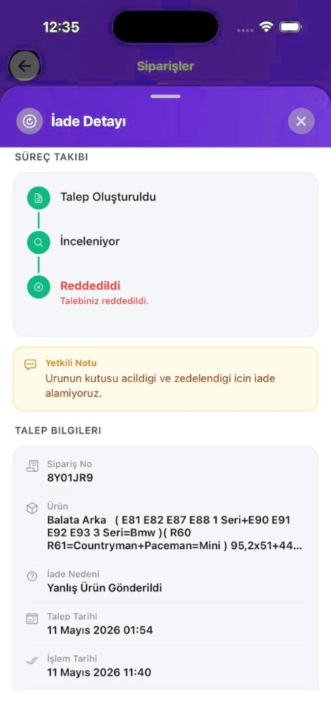 İade Detayı (Reddedildi)