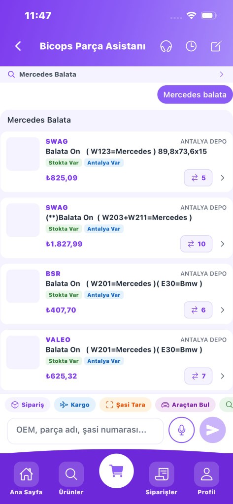 Bicops Asistan parça arama ve ürün listesi ekranı