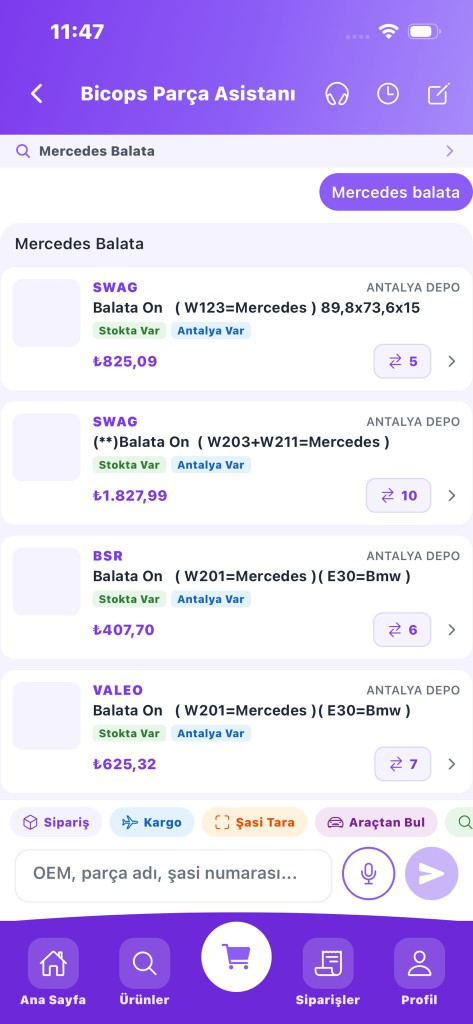 Canlı Destek Parça Asistanı parça arama ve ürün listesi ekranı