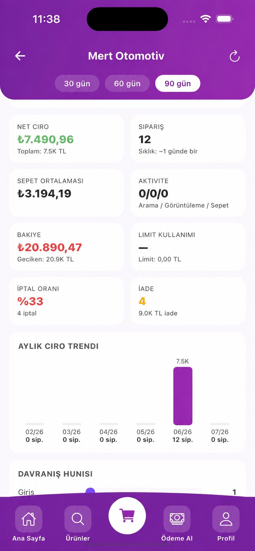 Finansal özet ve aylık ciro trendi