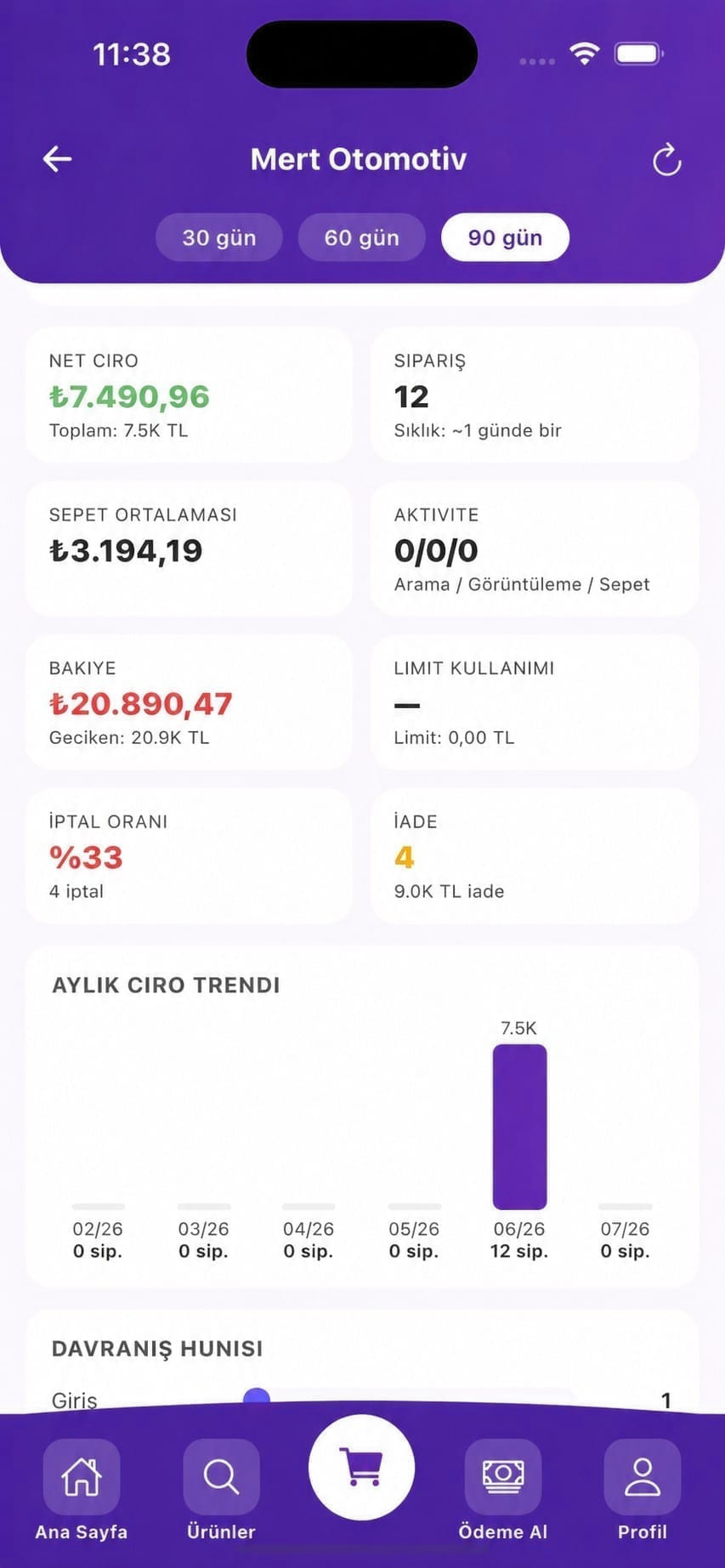 Finansal özet ve aylık ciro trendi