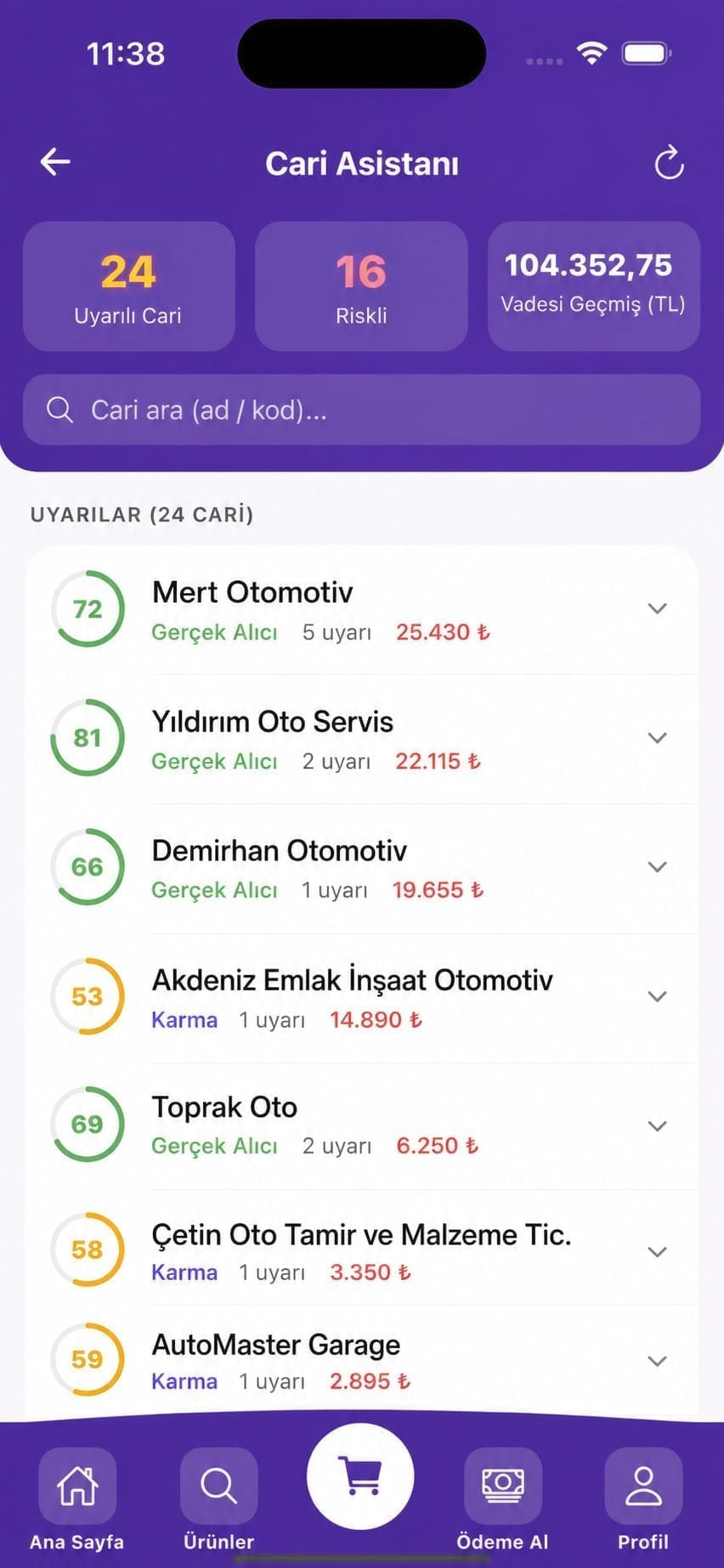 Uyarılı ve riskli carileri tek listede görün