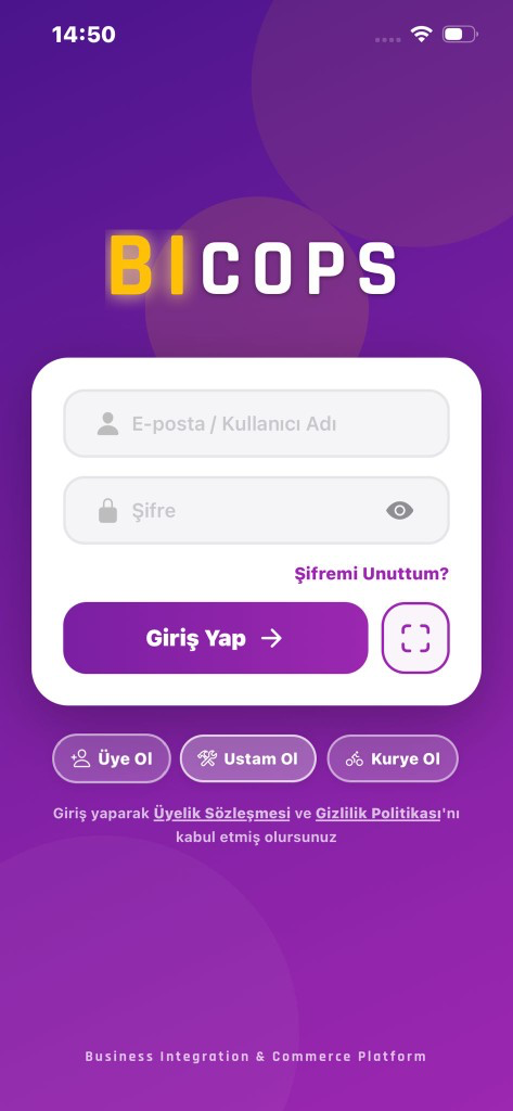 Bicops giriş ekranı