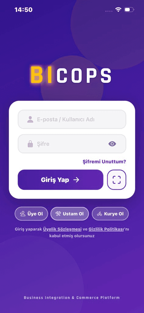 Bicops giriş ekranı