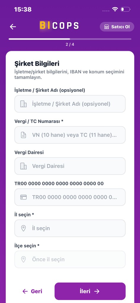 Satıcı başvurusu şirket bilgileri ekranı