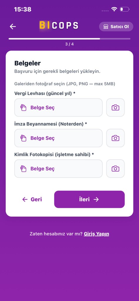 Satıcı başvurusu belge yükleme ekranı