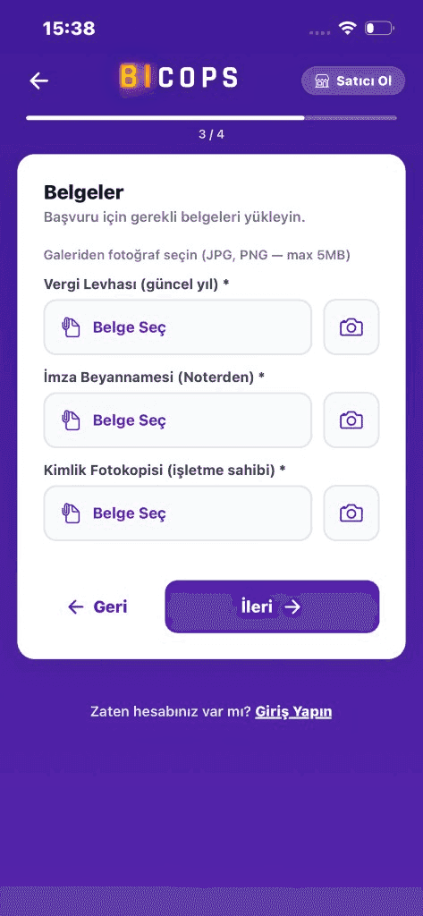 Satıcı başvurusu belge yükleme ekranı