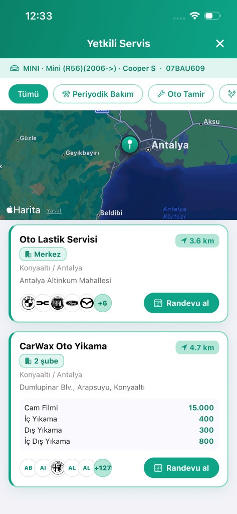 Anlaşmalı servis listesi ve harita ekranı