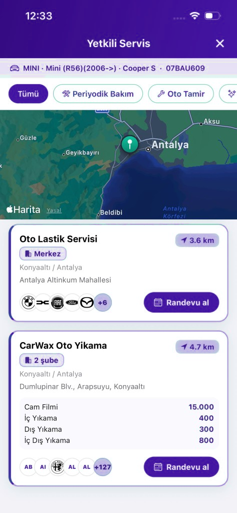 Anlaşmalı servis listesi ve harita ekranı